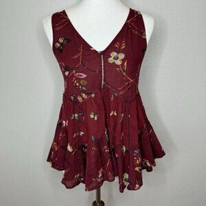 Abercrombie & Fitch Sleeveless‎ Tiered Top SMALL Floral Butterfly Red Print Boho